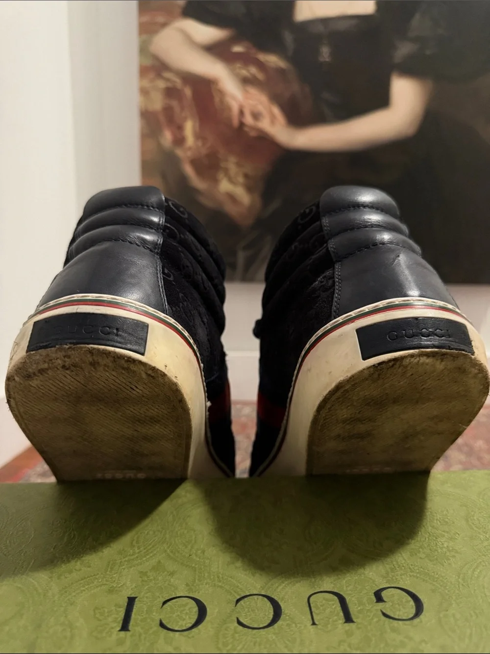 Men's ✨GUCCI ✨Navy High-Top Sneakers with Red & Blue Stripe  MADE IN 🇮🇹 ITALY